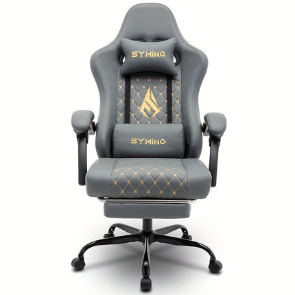 SYMINO Ergonomic Gaming Chair with Footrest & Lumbar Support – Adjustable Recliner PC Chair with Memory Foam & Leather Finish – Black & Grey