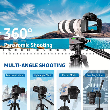 73-Inch Professional Camera Tripod with Phone Holder & Travel Bag – Heavy-Duty, Adjustable Stand for DSLR/SLR/DV/Projector/Mobile – 360° Fluid Head