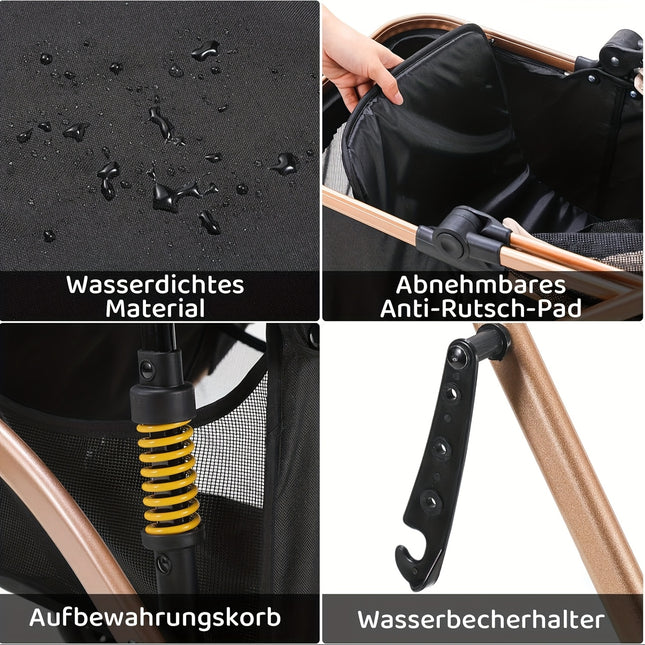 3-in-1 Foldable Dog & Cat Stroller – Pet Pushchair, Crate & Carrier with Storage, Shock-Absorbing Wheels & Net Window | Champagne