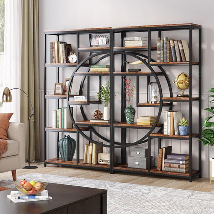 Modern 5-Tier Freestanding Bookshelf – Rustic Brown Wood with Black Metal Frame, 9 Open Shelves & Curved Half-Moon Design for Living Room, Bedroom, or Office