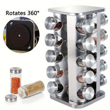 Rotating Stainless Steel Spice Rack Organizer with Glass Jars – 2/3/4/5-Tier Polished Cubby Shelf for Seasoning, Dishware & Countertop Storage