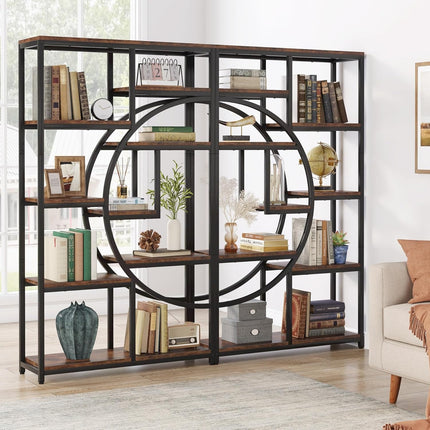 Modern 5-Tier Freestanding Bookshelf – Rustic Brown Wood with Black Metal Frame, 9 Open Shelves & Curved Half-Moon Design for Living Room, Bedroom, or Office