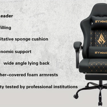SYMINO Ergonomic Gaming Chair with Footrest & Lumbar Support – Adjustable Recliner PC Chair with Memory Foam & Leather Finish – Black & Grey