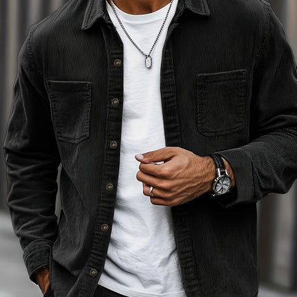 Men’s Casual Corduroy Shirt – White Long Sleeve Button-Up with Double Patch Pockets, Fall Street Style Essential