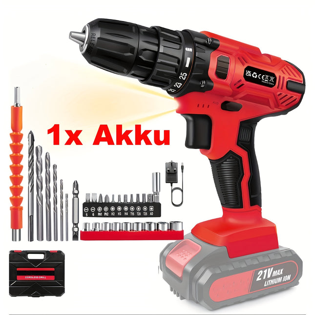21V Cordless Electric Drill Set – 45Nm Power Drill with 25+1 Torque Settings, 2-Speed, LED Light & 29 Accessories for Home DIY