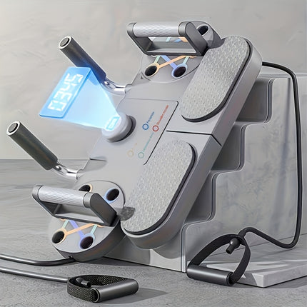 Multi-Functional Push-Up Stand with Timer, Resistance Bands & Tablet Holder – Portable Home Gym with Carry Case – Battery-Powered (White/Grey)