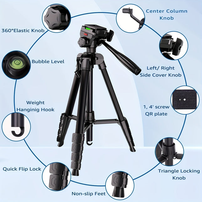 73-Inch Professional Camera Tripod with Phone Holder & Travel Bag – Heavy-Duty, Adjustable Stand for DSLR/SLR/DV/Projector/Mobile – 360° Fluid Head