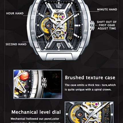 KUERST Men's Automatic Mechanical Watch – 3D Hollow Dial, Barrel Shape, Self-Winding, Vintage Sports Business Style with Rubber Strap
