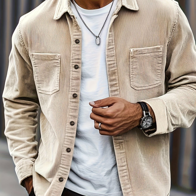 Men’s Casual Corduroy Shirt – White Long Sleeve Button-Up with Double Patch Pockets, Fall Street Style Essential