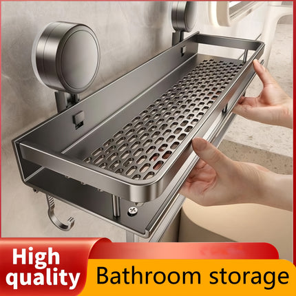 1pc Rustproof Wall-Mounted Shower Caddy with Suction Cups – Polished Floating Shelf with Towel Hooks, Space-Saving Bathroom Organizer for Shampoo, Soap & Essentials