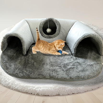3-in-1 Cozy Cat Tunnel Bed – Play Mat, Hideout & Warm Nest for Cats, Rabbits & Small Pets – Non-Slip Base, Soft Polyester