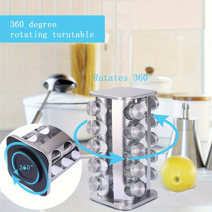 Rotating Stainless Steel Spice Rack Organizer with Glass Jars – 2/3/4/5-Tier Polished Cubby Shelf for Seasoning, Dishware & Countertop Storage