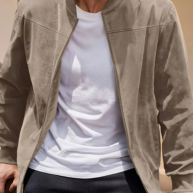 Men’s Retro-Inspired Lightweight Bomber Jacket – Solid Color, Zip-Up, Baseball Collar, Machine Washable