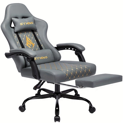 SYMINO Ergonomic Gaming Chair with Footrest & Lumbar Support – Adjustable Recliner PC Chair with Memory Foam & Leather Finish – Black & Grey