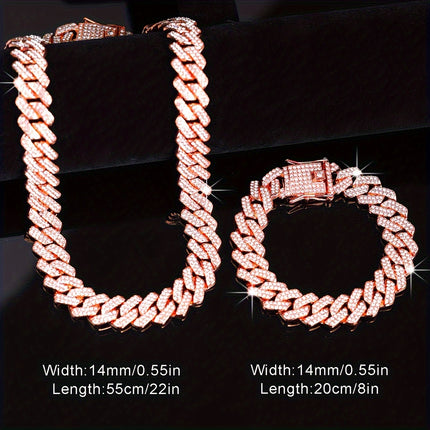 2pcs Unisex Hip Hop Jewelry Set – Silver Plated Necklace + Bracelet with Rhinestones | Punk Style Chain Set for Men & Women