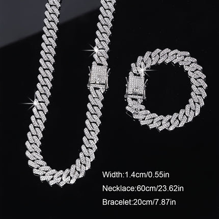 2pcs Unisex Hip Hop Jewelry Set – Silver Plated Necklace + Bracelet with Rhinestones | Punk Style Chain Set for Men & Women