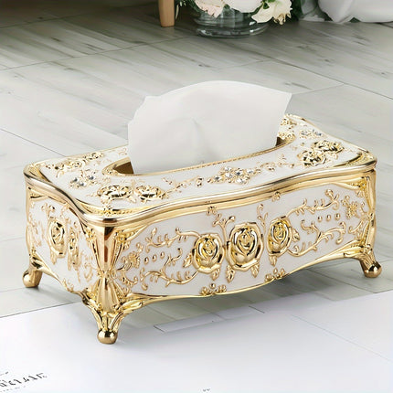Luxury Rose Pattern Tissue Box 🌹 | Golden-Plated Square Paper Holder for Home & Hospitality