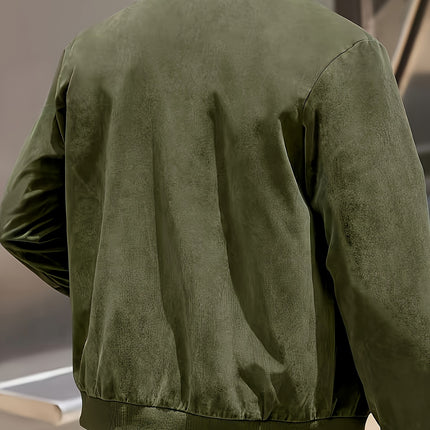 Men’s Retro-Inspired Lightweight Bomber Jacket – Solid Color, Zip-Up, Baseball Collar, Machine Washable