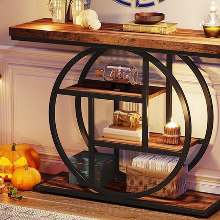 4-Tier Industrial Console Table – 105cm Rustic Brown Entryway Table with Circular Metal Frame & Engineered Wood Shelves for Living Room, Hallway, or Sofa Back