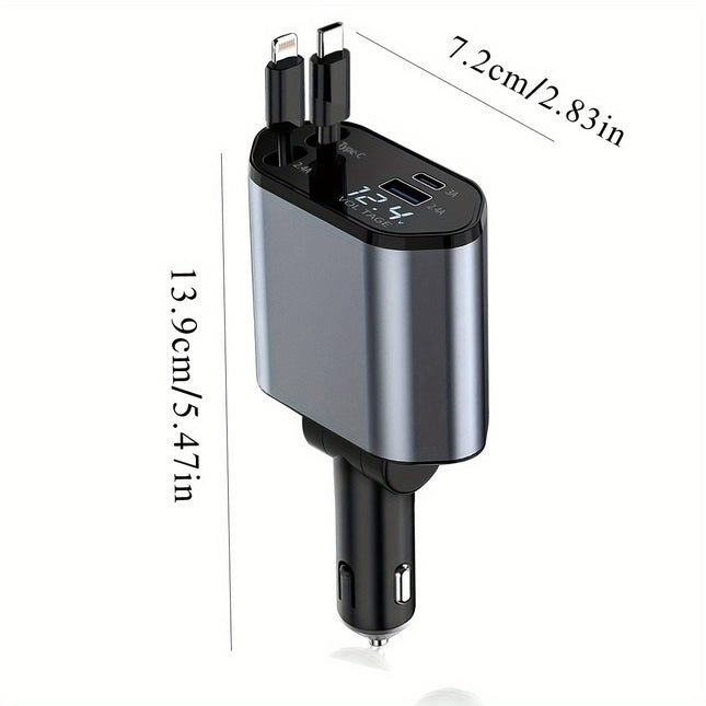 4-in-1 Retractable Fast Car Charger | USB & Type-C | 180° Adjustable Plug | Tangle-Free 80cm Cable | Universal Compatibility