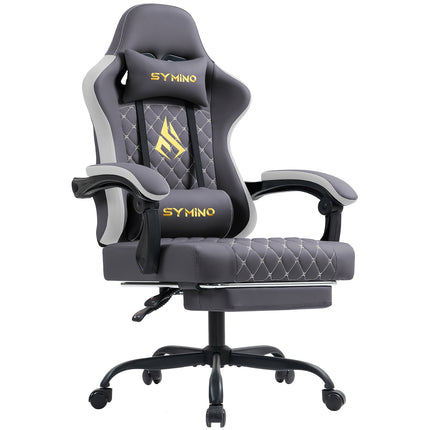 SYMINO Ergonomic Gaming Chair with Footrest & Lumbar Support – Adjustable Recliner PC Chair with Memory Foam & Leather Finish – Black & Grey