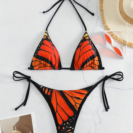 Butterfly Print Tie-Neck Bikini Set | Sexy Halter Neck Swimsuit with Lace-Up Back | High Stretch Beachwear | Summer Must-Have