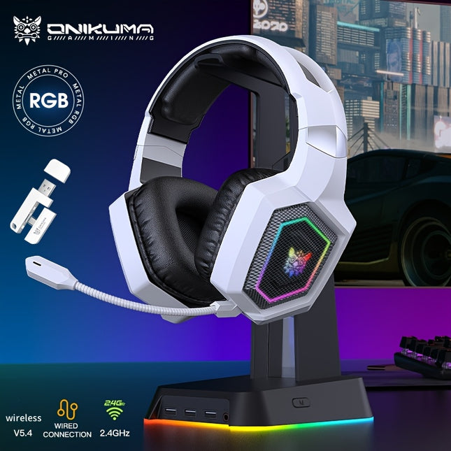 ONIKUMA 7.1 Wireless Gaming Headset | RGB Lights | Detachable Mic | Type-C Charging | White Hexagon Design
