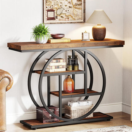 4-Tier Industrial Console Table – 105cm Rustic Brown Entryway Table with Circular Metal Frame & Engineered Wood Shelves for Living Room, Hallway, or Sofa Back