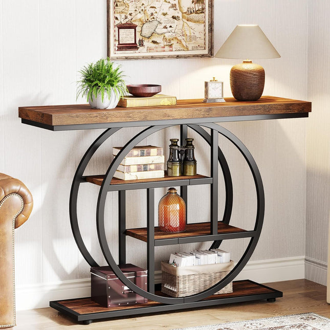 4-Tier Industrial Console Table – 105cm Rustic Brown Entryway Table with Circular Metal Frame & Engineered Wood Shelves for Living Room, Hallway, or Sofa Back