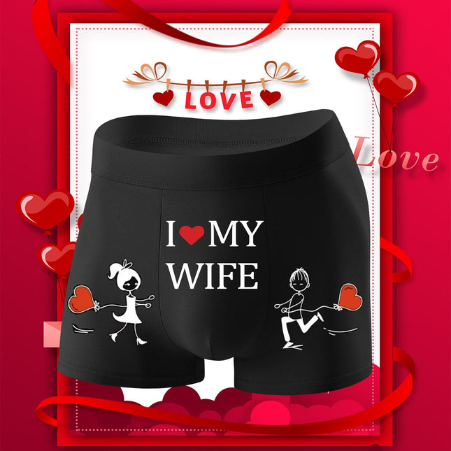 1pc Men’s “I Love My Wife” Boxer Briefs – Soft Stretch Polyester, Playful Heart & Stick Figure Print, Comfortable Everyday Underwear