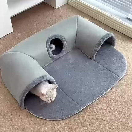 3-in-1 Cozy Cat Tunnel Bed – Play Mat, Hideout & Warm Nest for Cats, Rabbits & Small Pets – Non-Slip Base, Soft Polyester