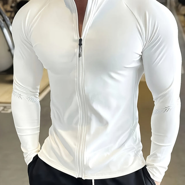 Men’s Ultra-Breathable Long Sleeve Sports Jacket – Quick-Dry Slim Fit with Chest Pockets, Stand Collar & Striped Accents