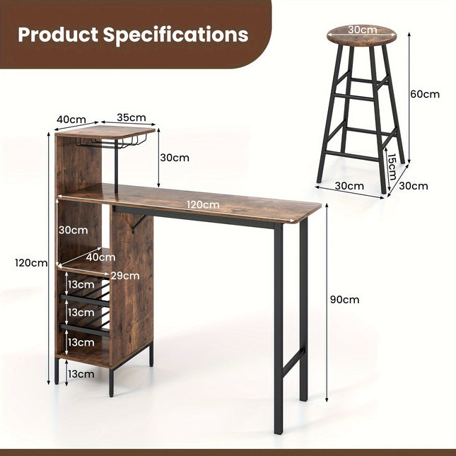 3-Piece Bar Table & Chairs Set – Industrial Pub Table with Wine Glass Holders & 6-Bottle Rack, Counter Height Dining Set for Kitchen, Living Room (Black)