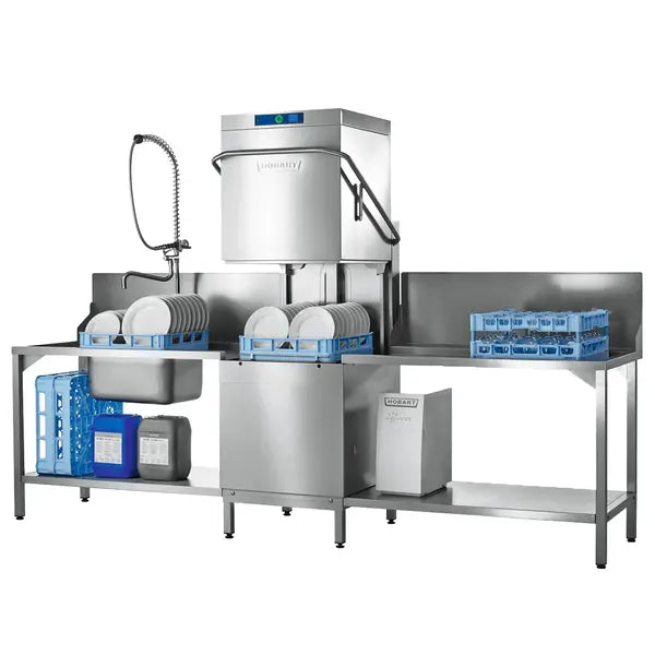 Hobart AMX-10B Pass-Through Dishwasher – 500x500 Basket | Drain, Soap & Rinse Aid Pump | 400V | Double-Walled | HACCP-Ready